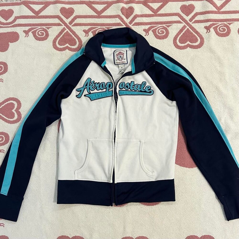 Aeropostale Women's White and Blue Jacket